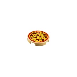 Tile, Round 2 x 2 with Bottom Stud Holder with Pizza Pepperoni and Olive with Slice Marks Pattern