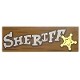 Tile 2 x 6 with White "SHERIFF", Gold Star and Reddish Brown Wood Grain Lines Pattern