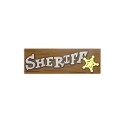 Tile 2 x 6 with White "SHERIFF", Gold Star and Reddish Brown Wood Grain Lines Pattern