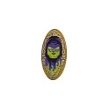 Minifigure, Shield Elliptical with Lime and Dark Purple Minifigure Head on Black Background with Flames and Ornate Borde...