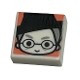 Tile 1 x 1 with Female Witch Head with Smile, Black Hat and Glasses, and Light Bluish Eyebrows and Hair on Coral Backgro...