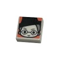 Tile 1 x 1 with Female Witch Head with Smile, Black Hat and Glasses, and Light Bluish Eyebrows and Hair on Coral Backgro...