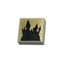 Tile 1 x 1 with Black Castle Silhouette and Dots and Sparkle on Gold Background Pattern (HP Hogwarts)